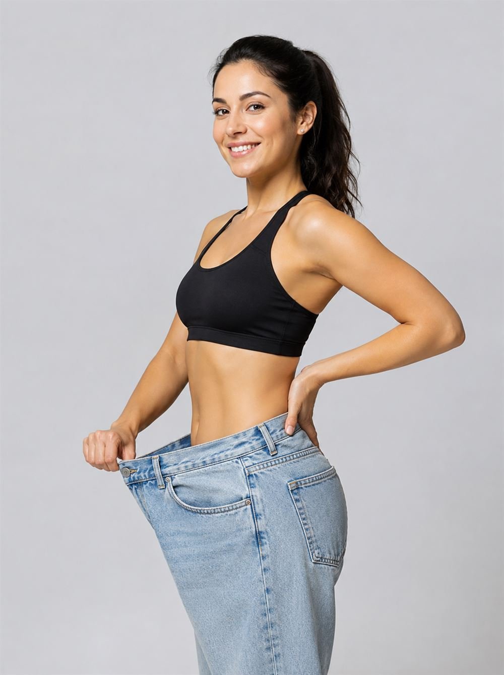Mulher segurando uma calça jeans que ficou larga