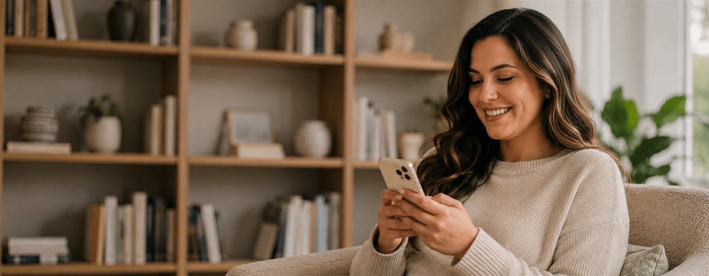 Mulher sorrindo enquanto conversa pelo celular